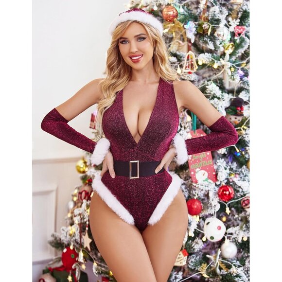 Women Christmas Lingerie Wine Bodysuit Sexy Deep V Teddy Hat Fingerless Gloves - Picture 3 of 7
